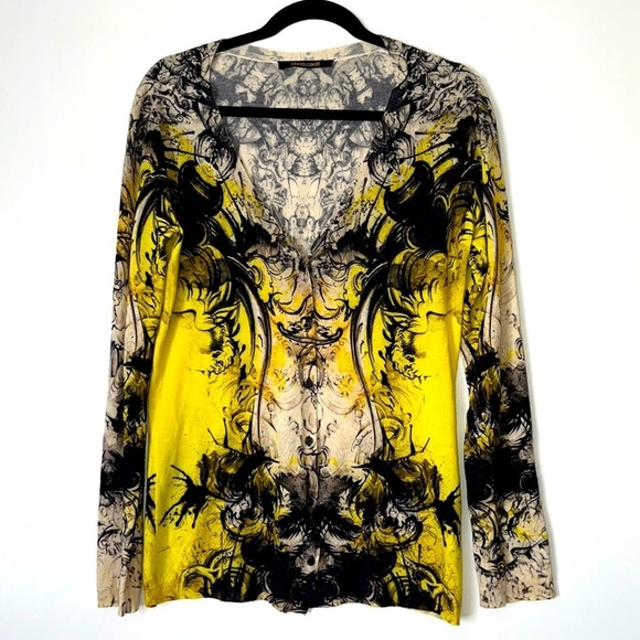 Vintage Cavalli Roberto Cavalli Yellow Baroque Print Cardigan Size 46​ - Picture 3 of 10